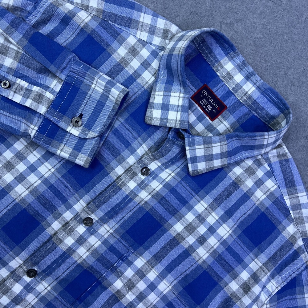 UNTUCKIT‎ Shirt Men's XXL Blue Check Plaid Fiano Long Sleeve Button Up Shirt